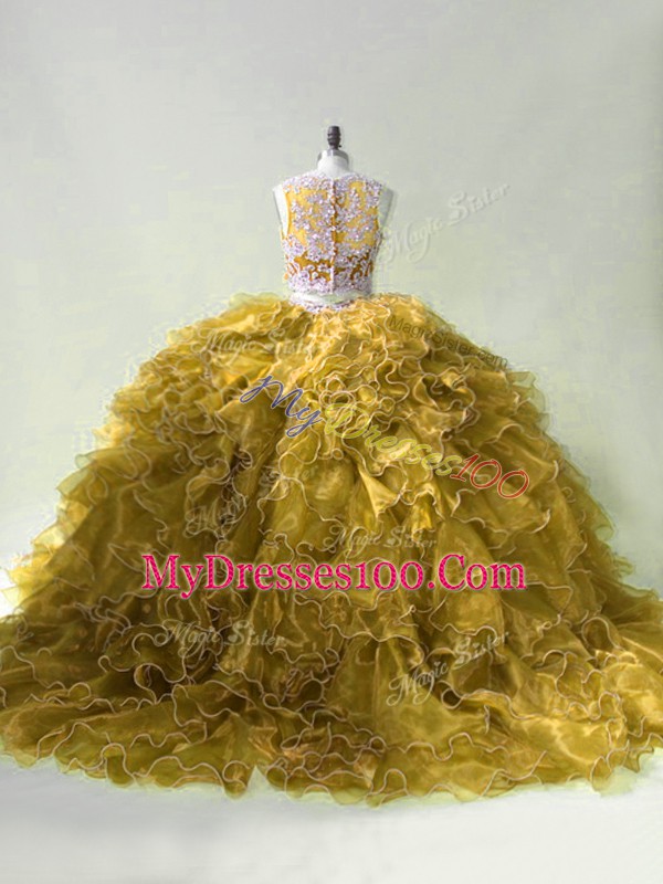 Fashionable Scoop Sleeveless Brush Train Zipper Vestidos de Quinceanera Olive Green Organza