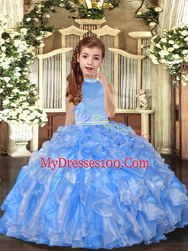 Baby Blue Ball Gowns Beading and Ruffles Girls Pageant Dresses Backless Organza Sleeveless Floor Length