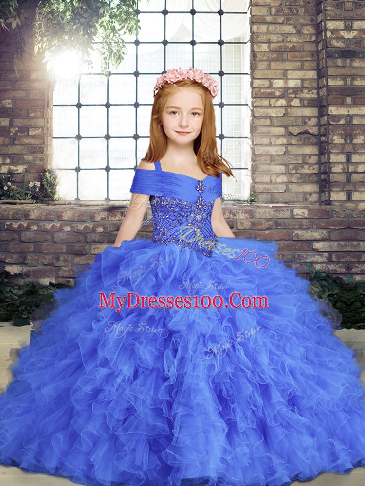 Floor Length Blue Kids Pageant Dress Straps Sleeveless Lace Up