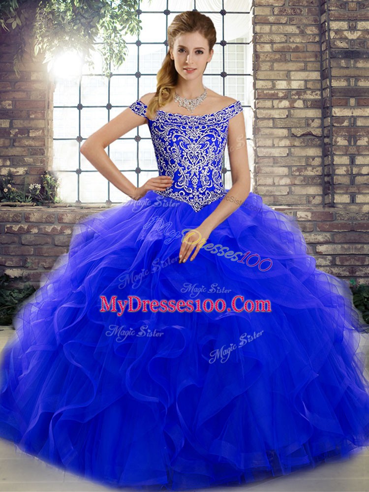 Eye-catching Off The Shoulder Sleeveless Tulle Vestidos de Quinceanera Beading and Ruffles Brush Train Lace Up