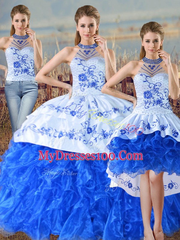 Organza Halter Top Sleeveless Court Train Lace Up Embroidery and Ruffles Quinceanera Dress in Blue And White