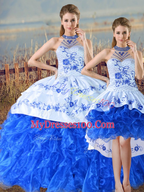 Organza Halter Top Sleeveless Court Train Lace Up Embroidery and Ruffles Quinceanera Dress in Blue And White
