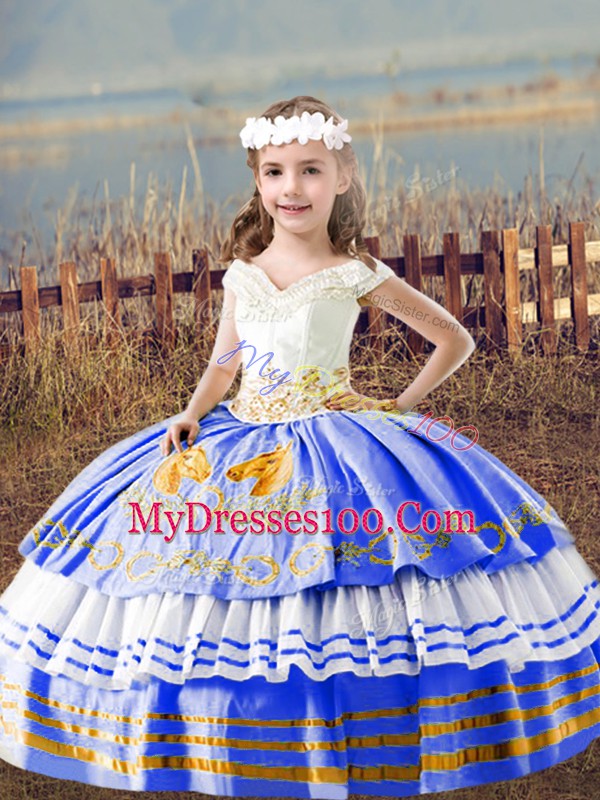 Blue Ball Gowns Off The Shoulder Sleeveless Satin Floor Length Lace Up Embroidery Pageant Gowns For Girls