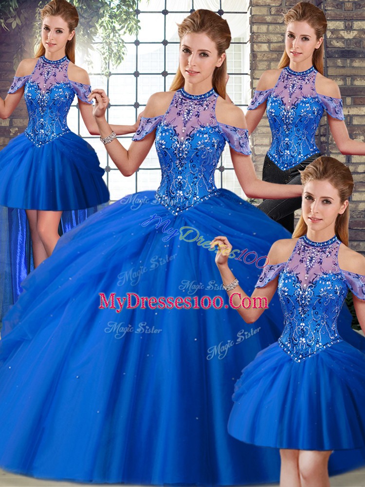 Blue Ball Gowns Tulle Halter Top Sleeveless Beading and Pick Ups Lace Up Quinceanera Gown Brush Train