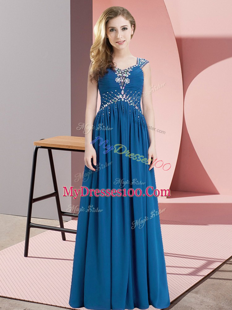 Floor Length Lace Up Prom Evening Gown Blue for Prom with Beading