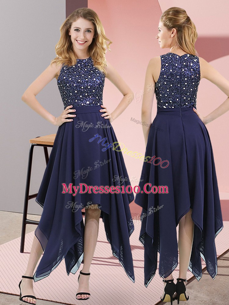 Discount Navy Blue Zipper Homecoming Dress Beading and Sequins Sleeveless Asymmetrical
