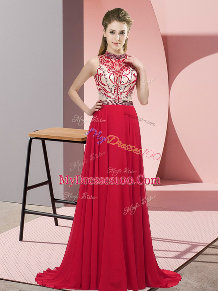 Custom Fit Red Sleeveless Brush Train Beading Hoco Dress
