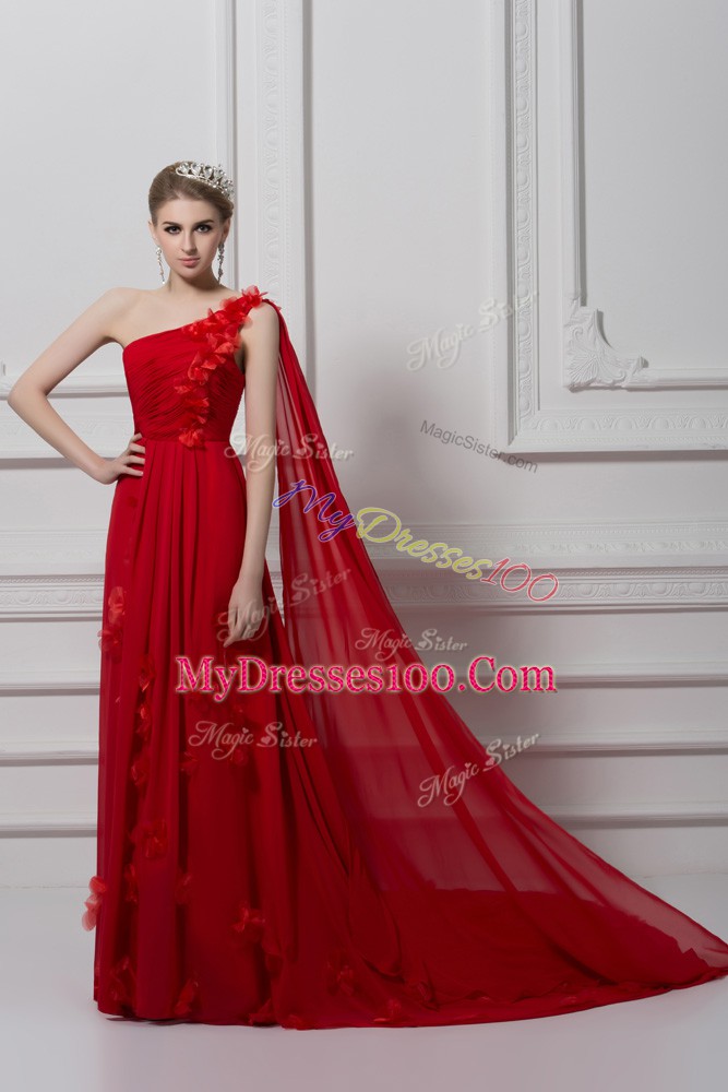 Red Chiffon and Tulle Lace Up One Shoulder Sleeveless Homecoming Dress Watteau Train Ruching and Hand Made Flower