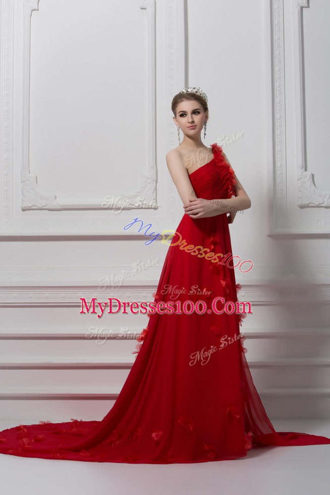 Red Chiffon and Tulle Lace Up One Shoulder Sleeveless Homecoming Dress Watteau Train Ruching and Hand Made Flower
