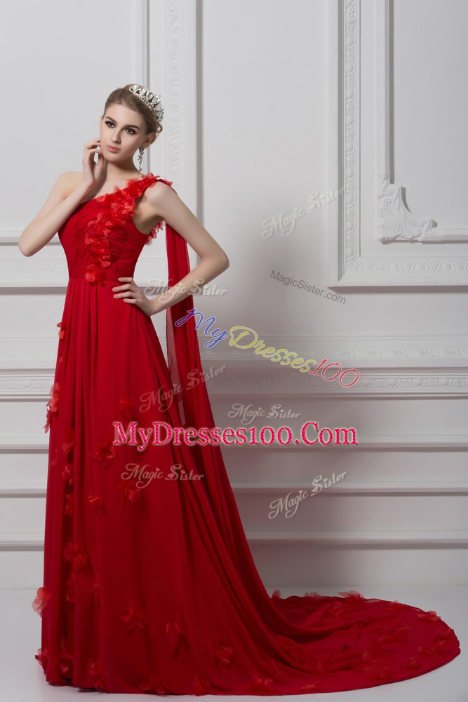 Red Chiffon and Tulle Lace Up One Shoulder Sleeveless Homecoming Dress Watteau Train Ruching and Hand Made Flower