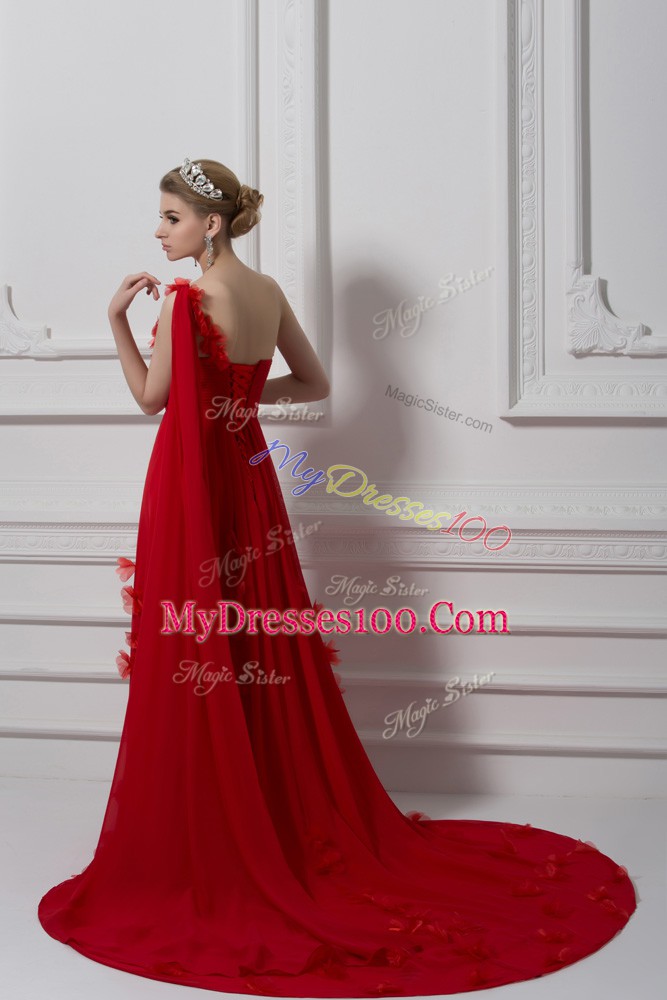 Red Chiffon and Tulle Lace Up One Shoulder Sleeveless Homecoming Dress Watteau Train Ruching and Hand Made Flower