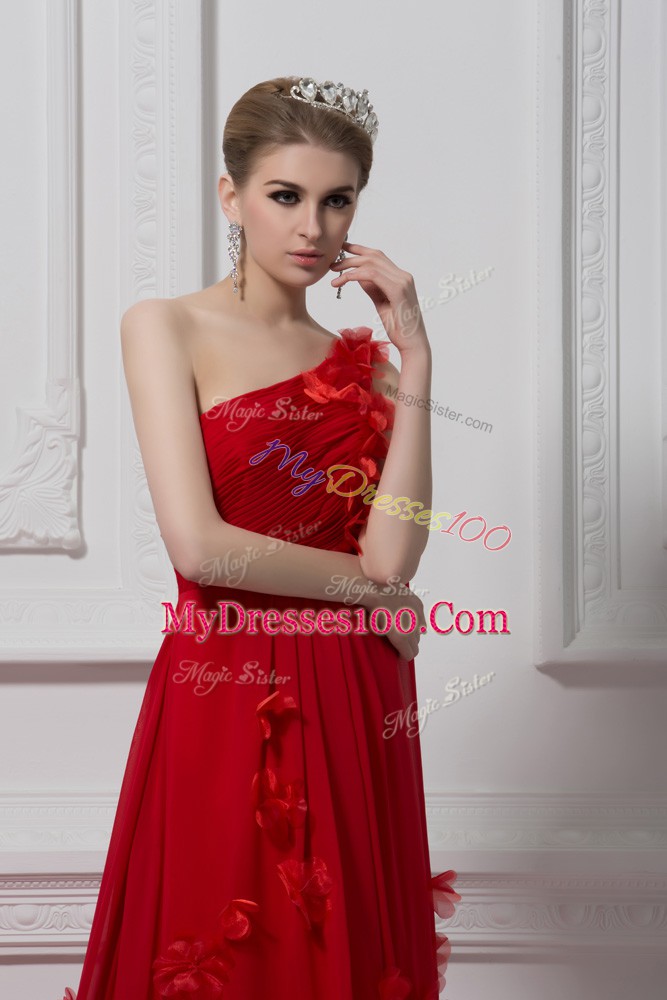 Red Chiffon and Tulle Lace Up One Shoulder Sleeveless Homecoming Dress Watteau Train Ruching and Hand Made Flower