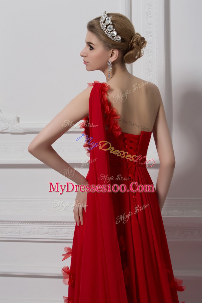 Red Chiffon and Tulle Lace Up One Shoulder Sleeveless Homecoming Dress Watteau Train Ruching and Hand Made Flower
