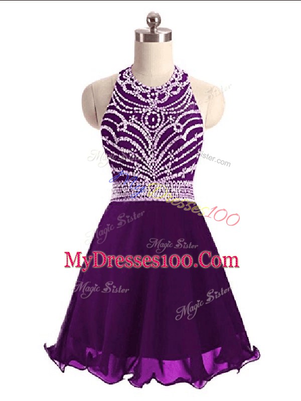 Deluxe Mini Length Lace Up Homecoming Dress Eggplant Purple for Prom and Party and Military Ball with Beading