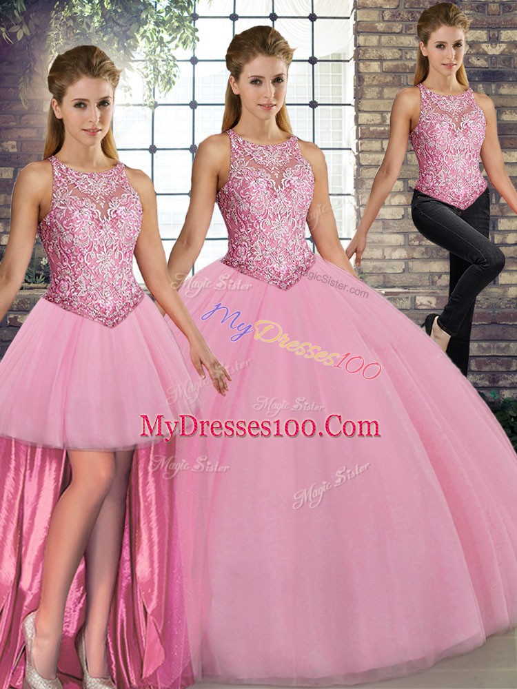 Pink Scoop Neckline Embroidery 15th Birthday Dress Sleeveless Lace Up