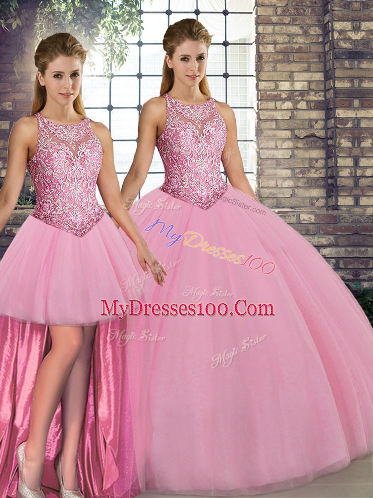 Pink Scoop Neckline Embroidery 15th Birthday Dress Sleeveless Lace Up