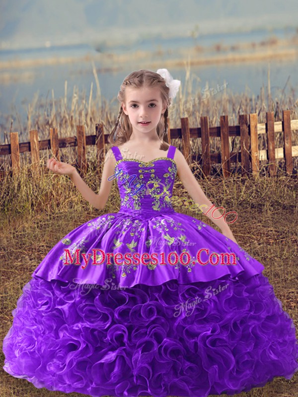 Fabric With Rolling Flowers Sleeveless Little Girls Pageant Dress Sweep Train and Embroidery