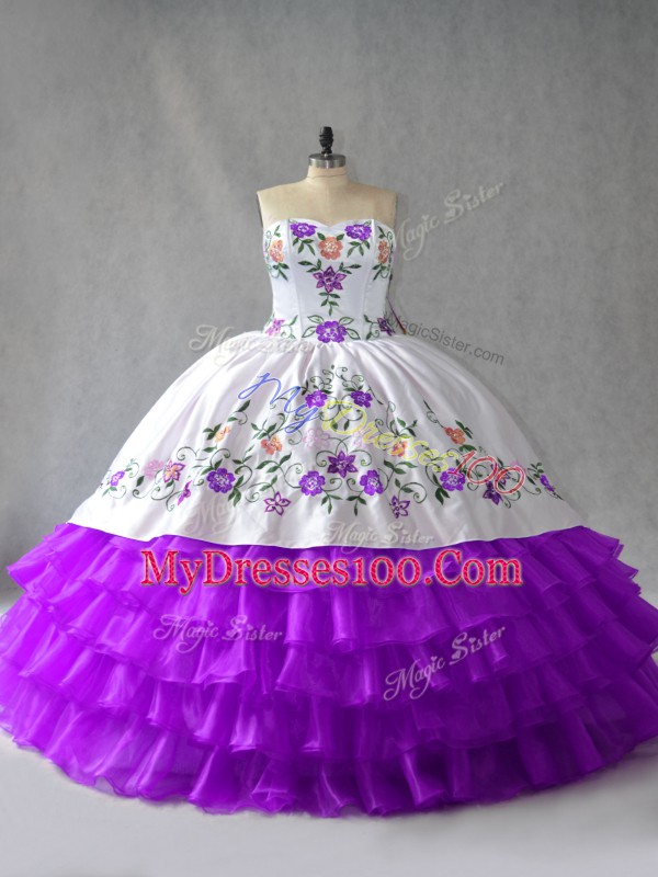 Low Price White And Purple 15 Quinceanera Dress Sweet 16 and Quinceanera with Embroidery and Ruffled Layers Sweetheart Sleeveless Lace Up