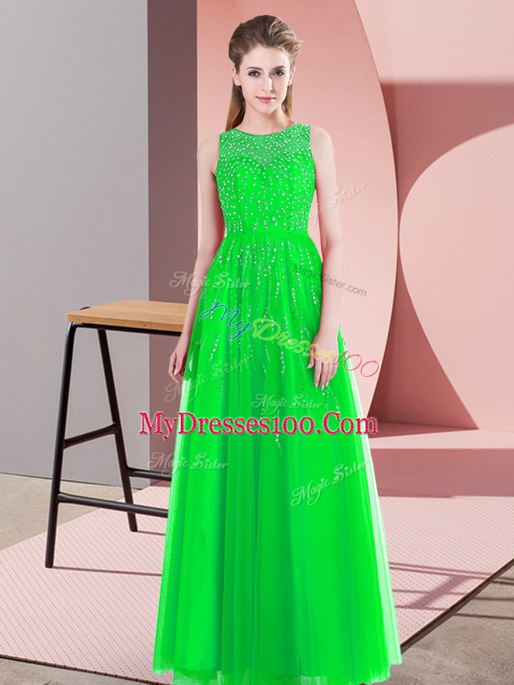 Green Tulle Side Zipper Ball Gown Prom Dress Sleeveless Floor Length Beading