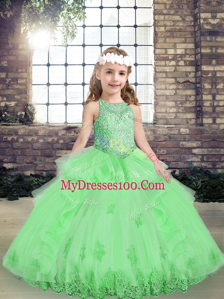Yellow Green Little Girls Pageant Dress Party and Wedding Party with Appliques Scoop Sleeveless Lace Up