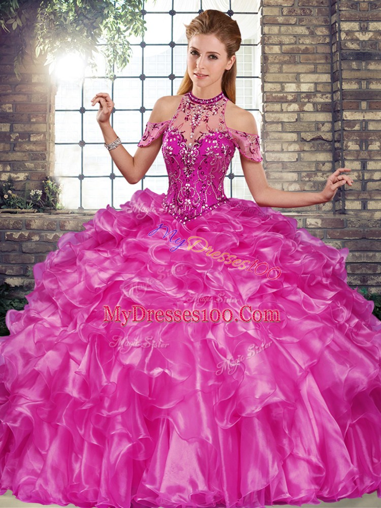 Affordable Sleeveless Organza Floor Length Lace Up Vestidos de Quinceanera in Fuchsia with Beading and Ruffles