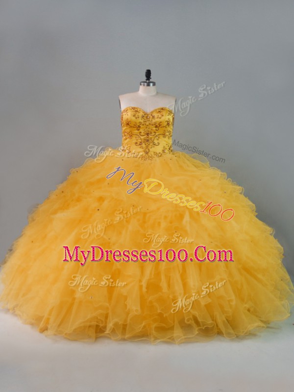 Gold Ball Gowns Beading and Ruffles Quinceanera Dresses Lace Up Tulle Sleeveless Floor Length