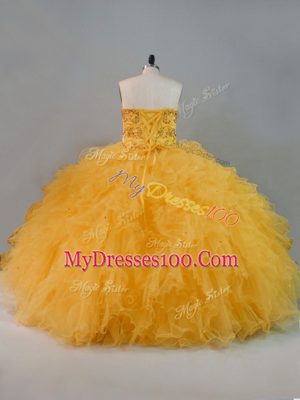 Gold Ball Gowns Beading and Ruffles Quinceanera Dresses Lace Up Tulle Sleeveless Floor Length