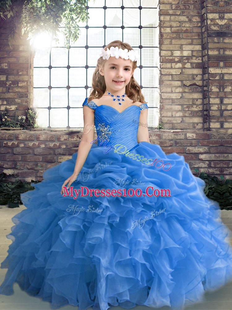 Graceful Blue Organza Lace Up Straps Sleeveless Floor Length Pageant Dress for Teens Beading and Ruffles and Pick Ups