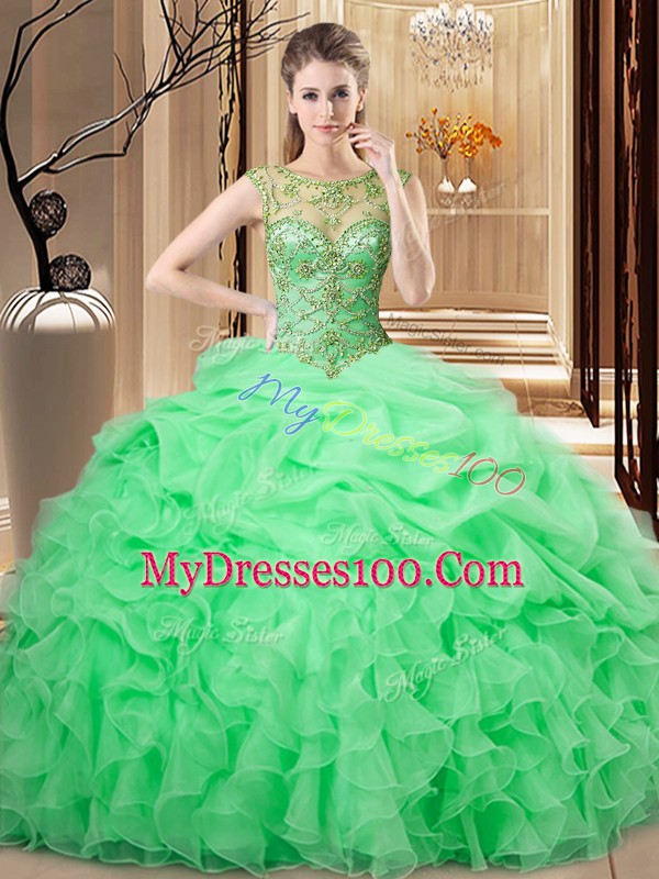 Pretty Organza Lace Up Scoop Sleeveless Floor Length Quinceanera Gowns Beading and Ruffles and Pick Ups