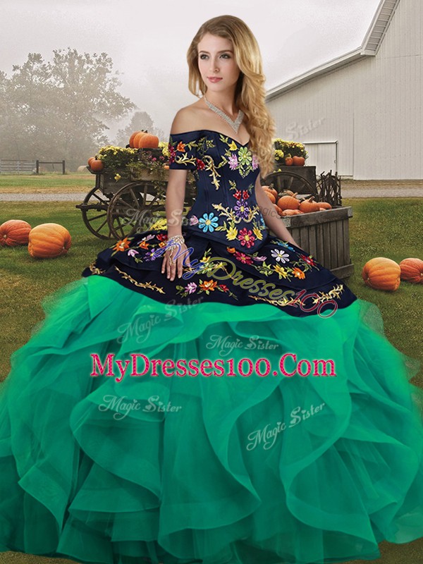 Dramatic Turquoise Lace Up Off The Shoulder Embroidery and Ruffles 15 Quinceanera Dress Tulle Sleeveless