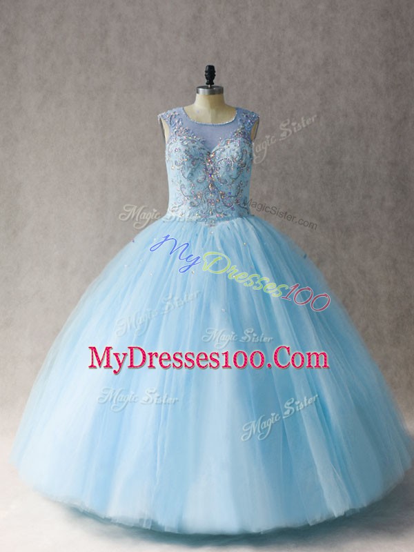 Modest Light Blue 15th Birthday Dress Sweet 16 and Quinceanera with Beading Scoop Sleeveless Lace Up