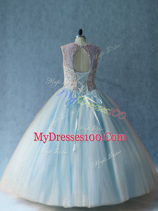 Modest Light Blue 15th Birthday Dress Sweet 16 and Quinceanera with Beading Scoop Sleeveless Lace Up