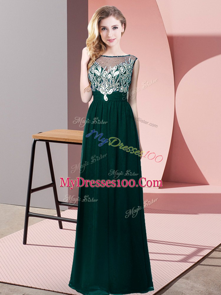Great Sleeveless Chiffon Floor Length Backless Ball Gown Prom Dress in Peacock Green with Beading