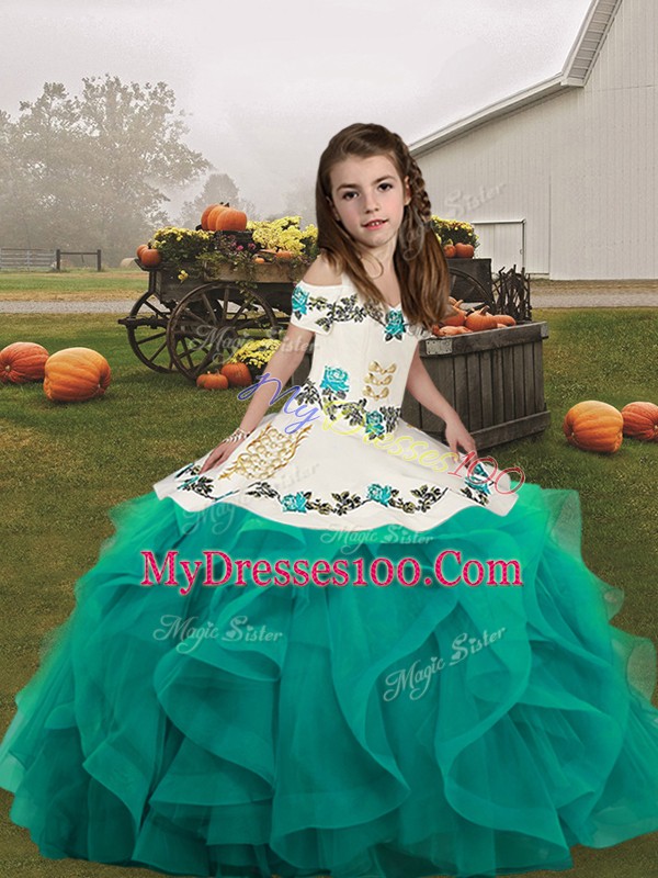Floor Length Teal Pageant Dress for Womens Straps Sleeveless Lace Up
