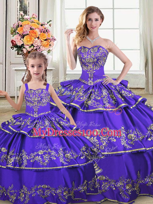 Discount Ball Gowns Quinceanera Gown Purple Strapless Satin and Organza Sleeveless Floor Length Lace Up