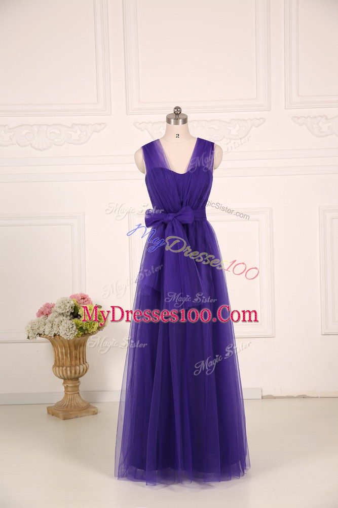 Purple Tulle Zipper Straps Sleeveless Floor Length Dama Dress for Quinceanera Ruching