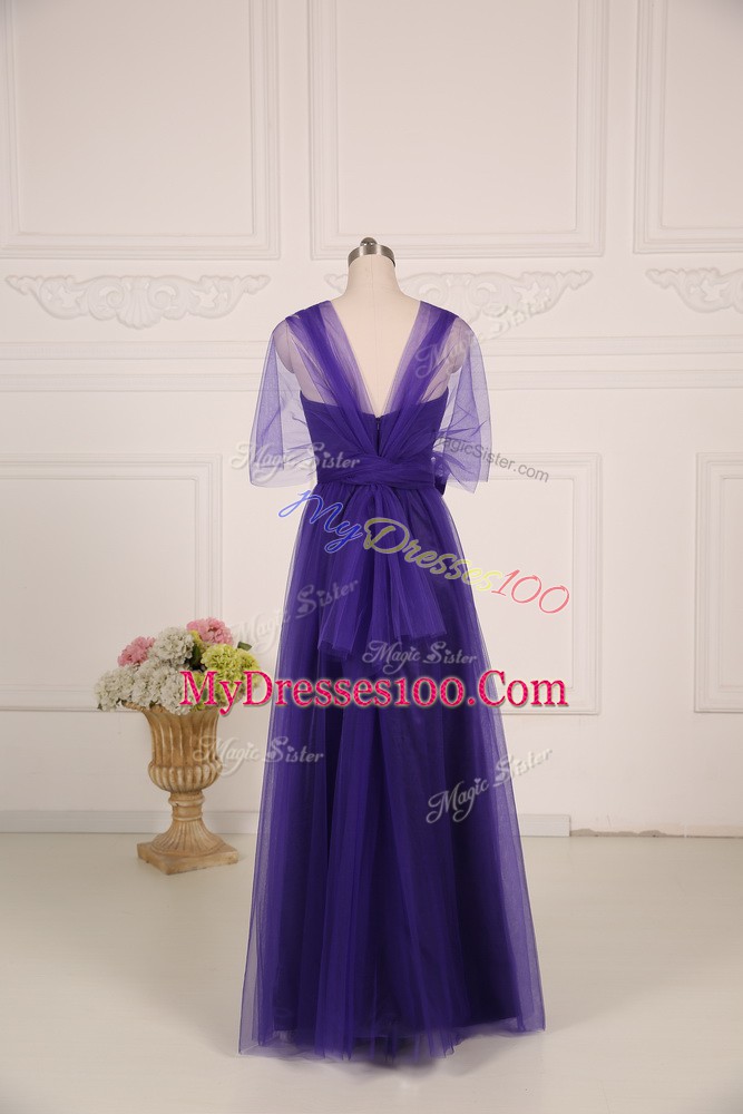 Purple Tulle Zipper Straps Sleeveless Floor Length Dama Dress for Quinceanera Ruching