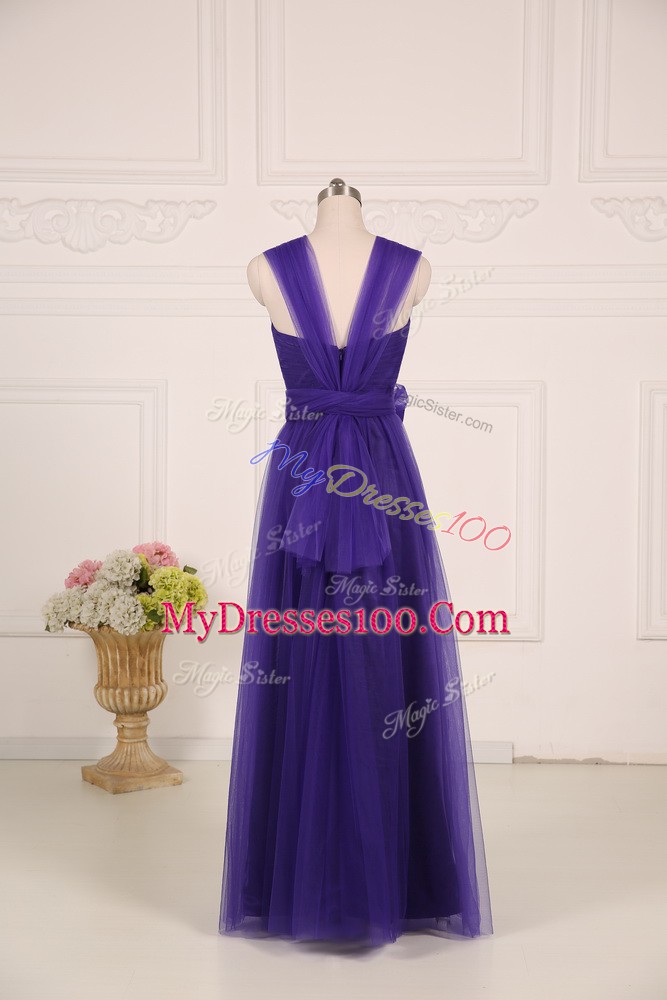 Purple Tulle Zipper Straps Sleeveless Floor Length Dama Dress for Quinceanera Ruching