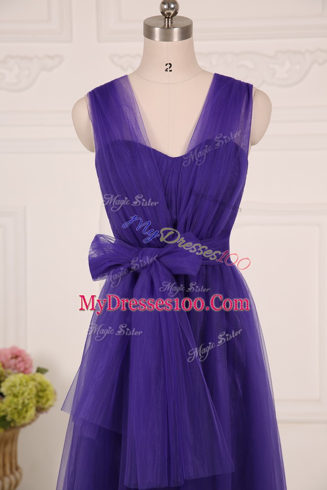 Purple Tulle Zipper Straps Sleeveless Floor Length Dama Dress for Quinceanera Ruching