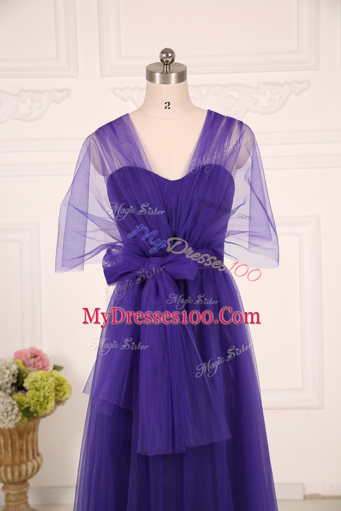 Purple Tulle Zipper Straps Sleeveless Floor Length Dama Dress for Quinceanera Ruching