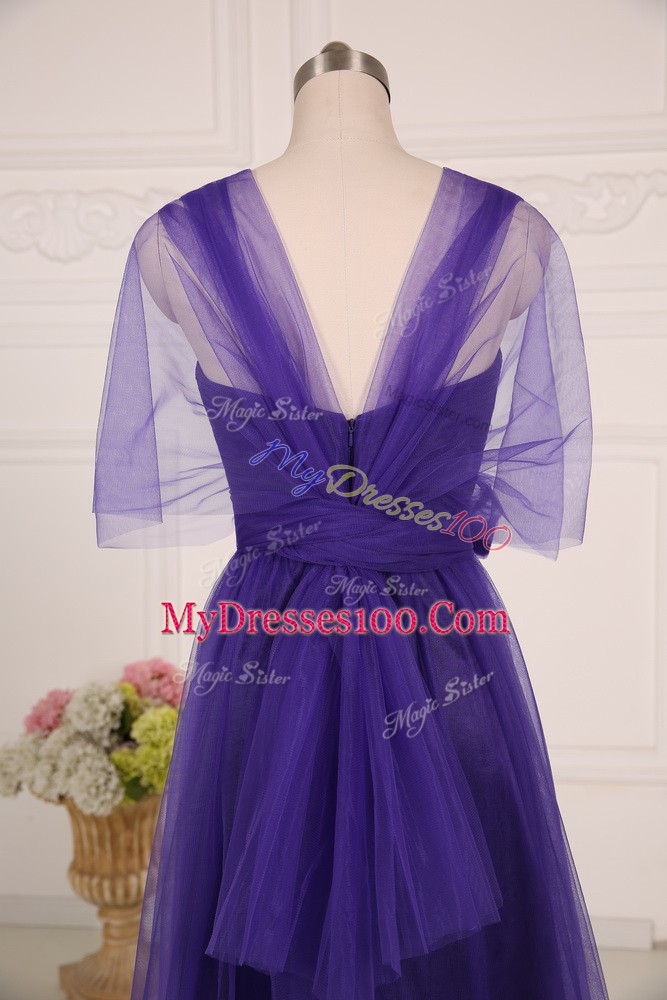 Purple Tulle Zipper Straps Sleeveless Floor Length Dama Dress for Quinceanera Ruching
