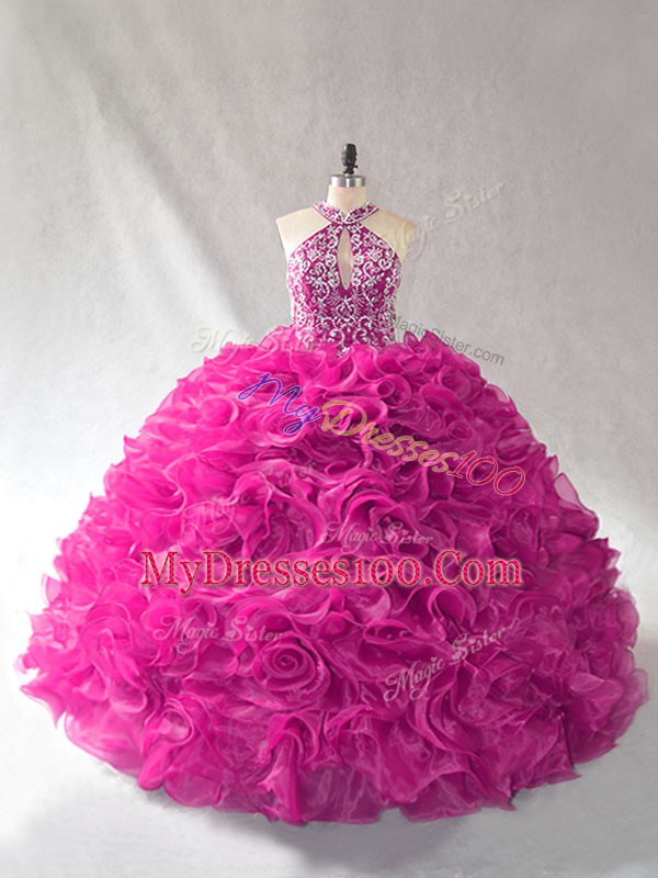 Exquisite Ball Gowns Sleeveless Fuchsia Sweet 16 Dress Brush Train Lace Up
