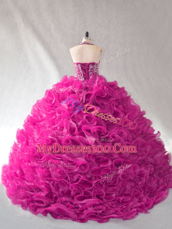 Exquisite Ball Gowns Sleeveless Fuchsia Sweet 16 Dress Brush Train Lace Up