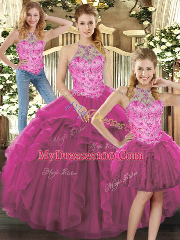 Floor Length Fuchsia Quinceanera Dress Halter Top Sleeveless Lace Up