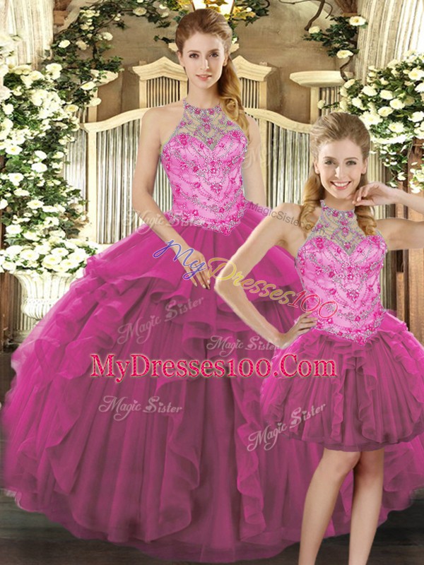 Floor Length Fuchsia Quinceanera Dress Halter Top Sleeveless Lace Up