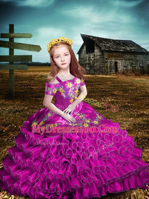 Fuchsia Organza Lace Up Off The Shoulder Short Sleeves Floor Length Girls Pageant Dresses Embroidery and Ruffled Layers