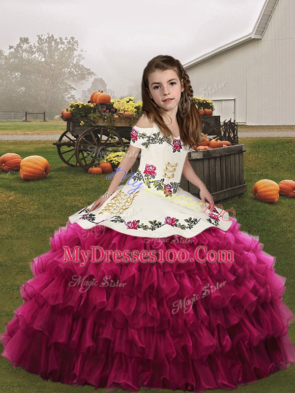 Customized Fuchsia Sleeveless Embroidery and Ruffled Layers Floor Length Little Girls Pageant Dress Wholesale