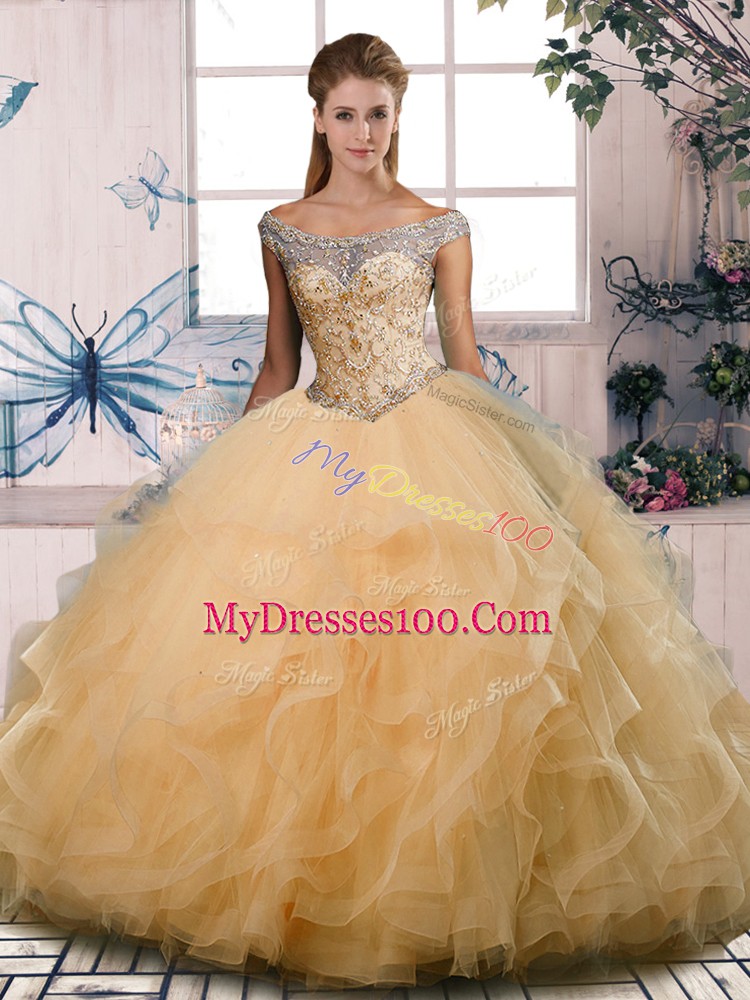 Popular Sleeveless Tulle Floor Length Lace Up Sweet 16 Dress in Gold with Beading and Ruffles