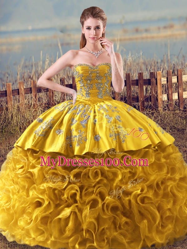 Hot Sale Floor Length Gold Quinceanera Dresses Sweetheart Sleeveless Lace Up