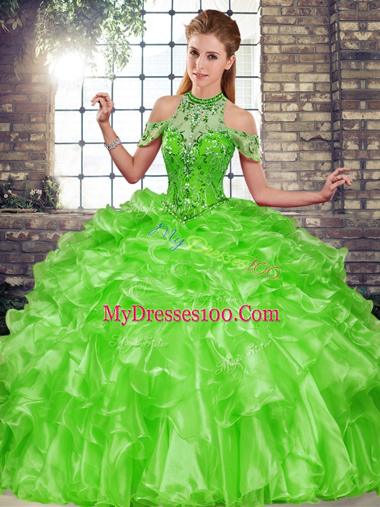 Green Halter Top Neckline Beading and Ruffles Quinceanera Dresses Sleeveless Lace Up